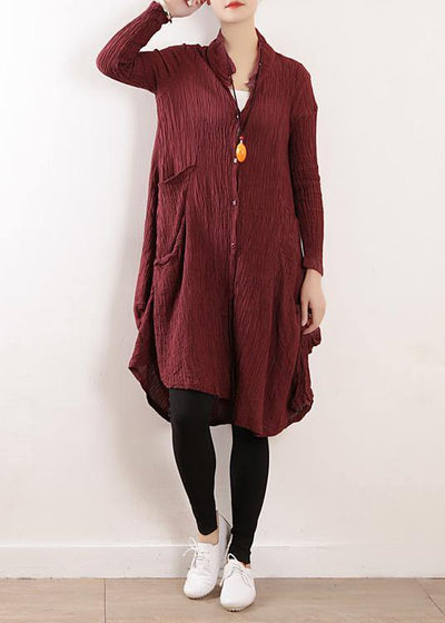 Style v neck asymmetric linen Robes Neckline burgundy Dress fall - bagstylebliss