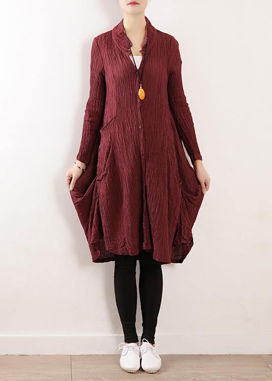 Style v neck asymmetric linen Robes Neckline burgundy Dress fall - bagstylebliss