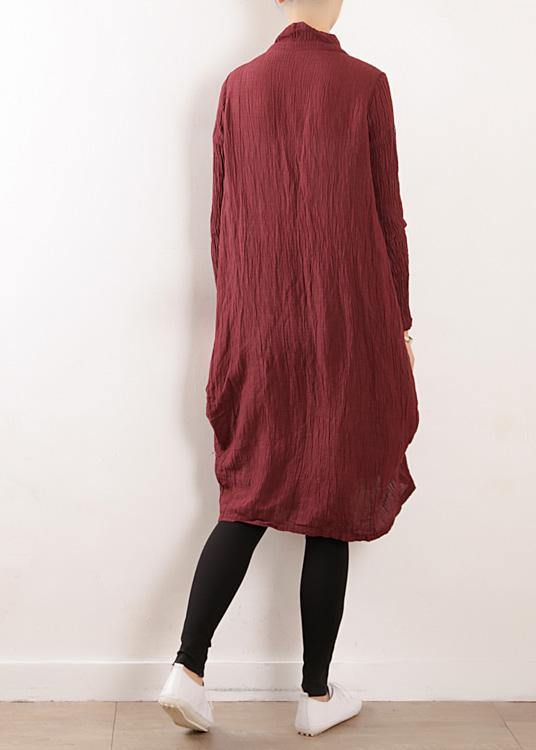 Style v neck asymmetric linen Robes Neckline burgundy Dress fall - bagstylebliss