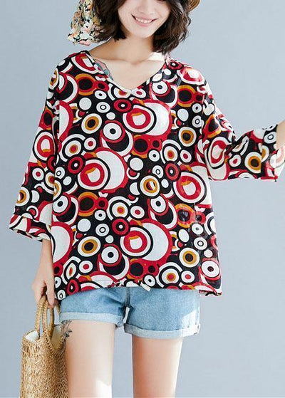 Style v neck cotton shirts Work Outfits red prints top summer - bagstylebliss