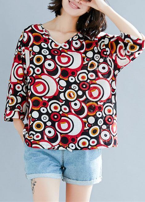 Style v neck cotton shirts Work Outfits red prints top summer - bagstylebliss