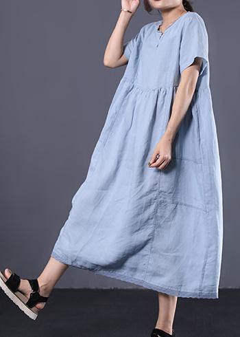 Style v neck linen clothes For Women Work Outfits light blue Dress summer - bagstylebliss