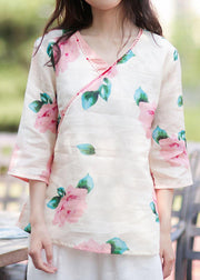 Style v neck linen tunic design pink print blouse - bagstylebliss