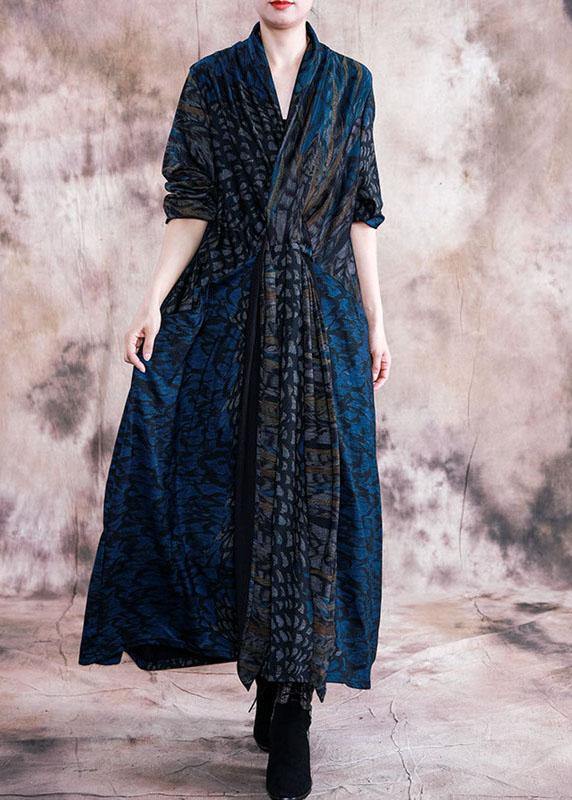 Style v neck pockets Outfits blue print loose Dress fall - bagstylebliss