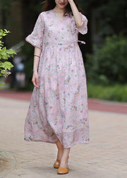 Style v neck tie waist linen Long Shirts Outfits pink print Dress - bagstylebliss