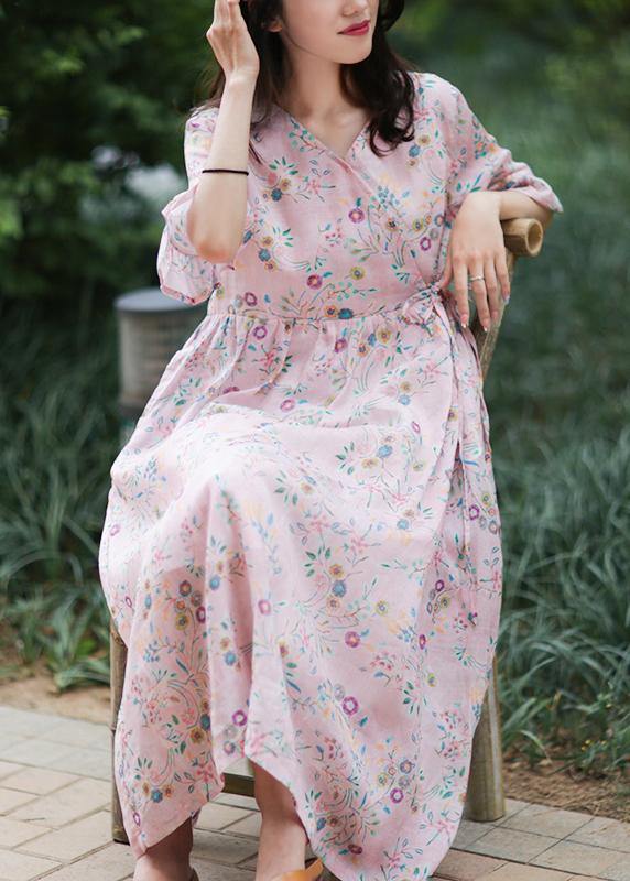 Style v neck tie waist linen Long Shirts Outfits pink print Dress - bagstylebliss