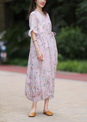 Style v neck tie waist linen Long Shirts Outfits pink print Dress - bagstylebliss