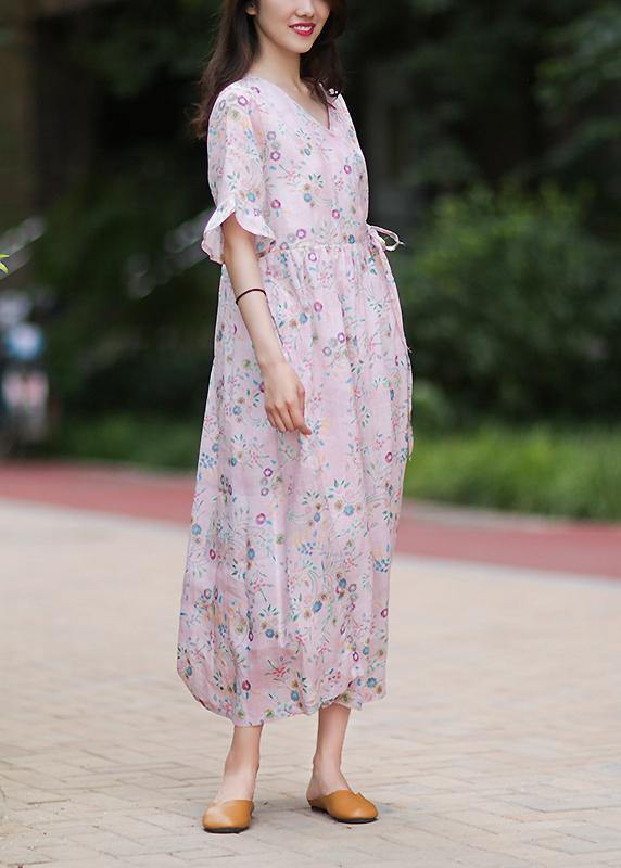 Style v neck tie waist linen Long Shirts Outfits pink print Dress - bagstylebliss