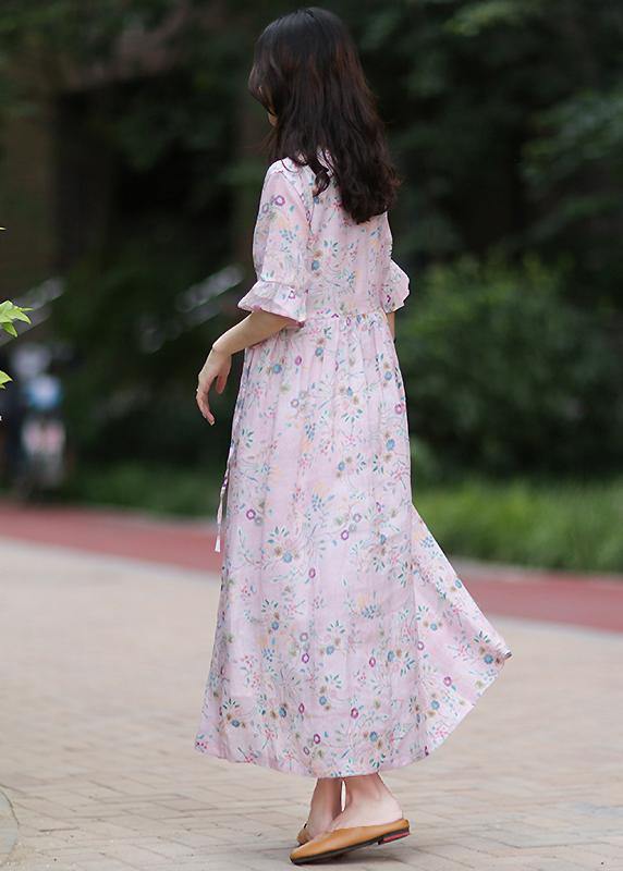 Style v neck tie waist linen Long Shirts Outfits pink print Dress - bagstylebliss