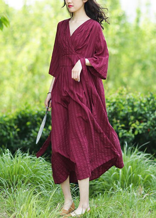 Style v neck tie waist linen clothes Fashion Ideas burgundy Dresses - bagstylebliss