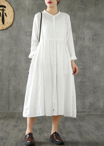 Style white linen clothes For Women Cinched pockets loose spring Dresses - bagstylebliss