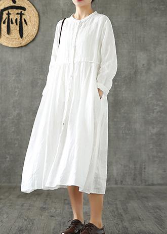 Style white linen clothes For Women Cinched pockets loose spring Dresses - bagstylebliss