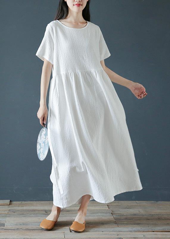 Style white linen cotton dresses o neck Jacquard Dresses  Dresses - bagstylebliss