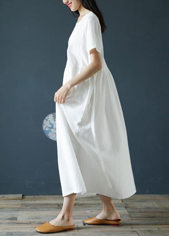 Style white linen cotton dresses o neck Jacquard Dresses  Dresses - bagstylebliss