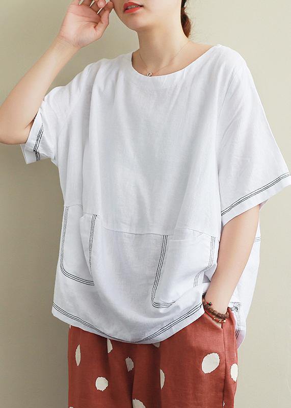 Style white linen crane tops Sewing o neck Open wire decoration summer shirts - bagstylebliss