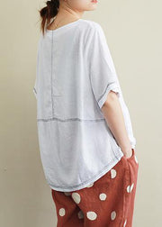 Style white linen crane tops Sewing o neck Open wire decoration summer shirts - bagstylebliss