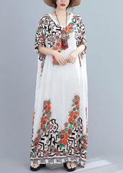 Style white print dress v neck Batwing Sleeve long Dresses - bagstylebliss