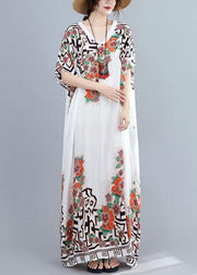 Style white print dress v neck Batwing Sleeve long Dresses - bagstylebliss