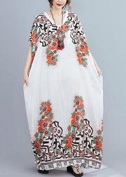 Style white print dress v neck Batwing Sleeve long Dresses - bagstylebliss