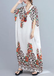 Style white print dress v neck Batwing Sleeve long Dresses - bagstylebliss