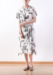 Style white print linen dress o neck asymmetric A Line Dresses - bagstylebliss