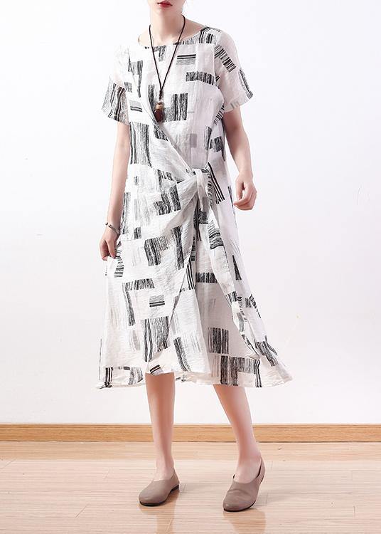 Style white print linen dress o neck asymmetric A Line Dresses - bagstylebliss