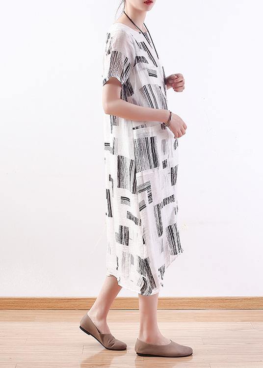 Style white print linen dress o neck asymmetric A Line Dresses - bagstylebliss