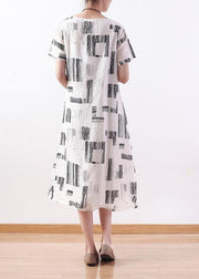 Style white print linen dress o neck asymmetric A Line Dresses - bagstylebliss