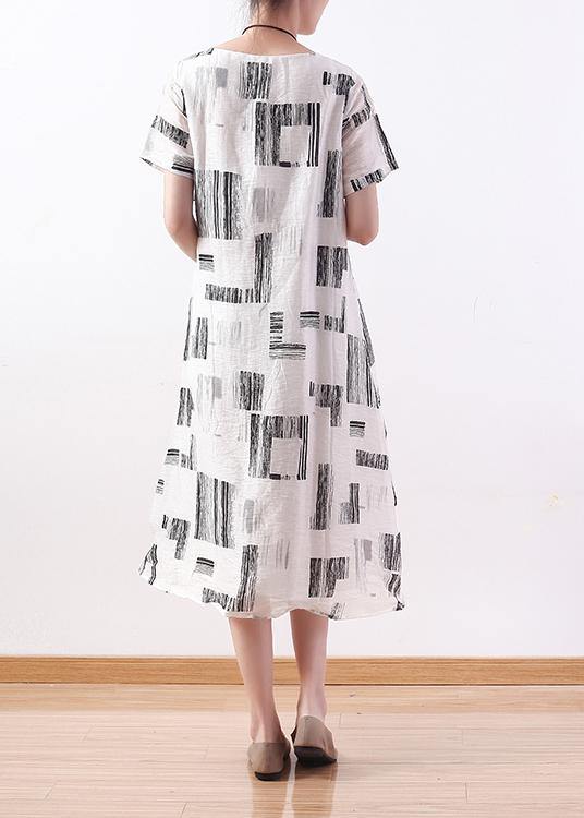 Style white print linen dress o neck asymmetric A Line Dresses - bagstylebliss