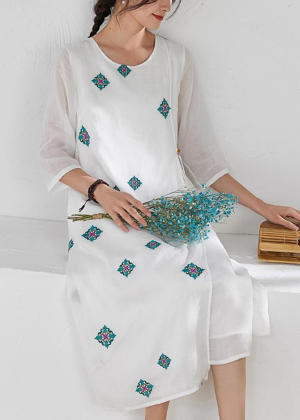 Style white prints linen clothes For Women bracelet sleeved Kaftan o neck Dresses - bagstylebliss