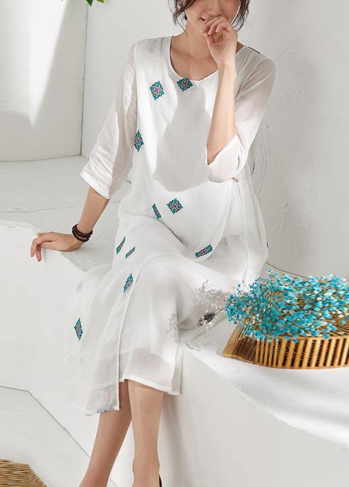 Style white prints linen clothes For Women bracelet sleeved Kaftan o neck Dresses - bagstylebliss