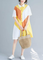 Style yellow Cotton Tunics lapel patchwork baggy summer Dresses - bagstylebliss