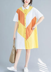 Style yellow Cotton Tunics lapel patchwork baggy summer Dresses - bagstylebliss