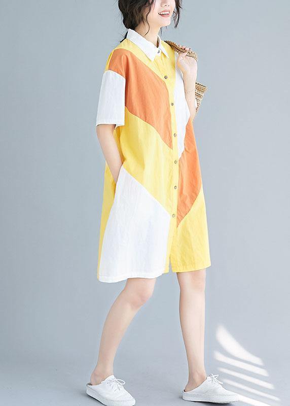 Style yellow Cotton Tunics lapel patchwork baggy summer Dresses - bagstylebliss