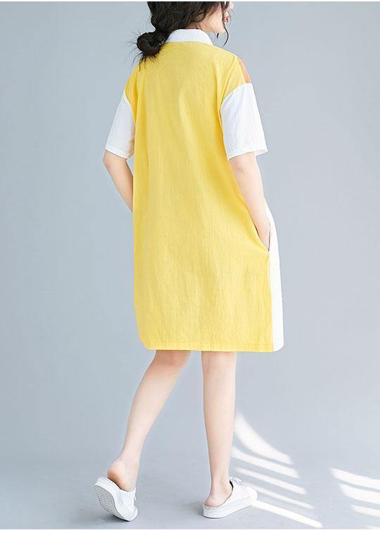 Style yellow Cotton Tunics lapel patchwork baggy summer Dresses - bagstylebliss