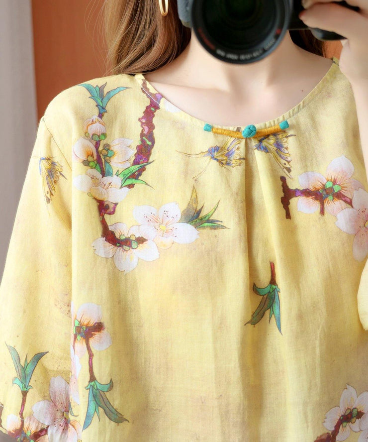 Style yellow print top silhouette o neck half sleeve Dresses blouse - bagstylebliss