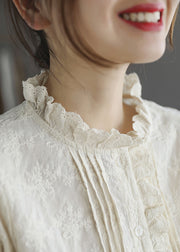 Stylish Apricot Ruffled Button Cotton Blouse Tops Long Sleeve