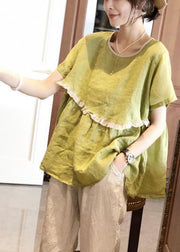 Stylish Avocado Green Ruffled Patchwork Cotton Tops Short Sleeve