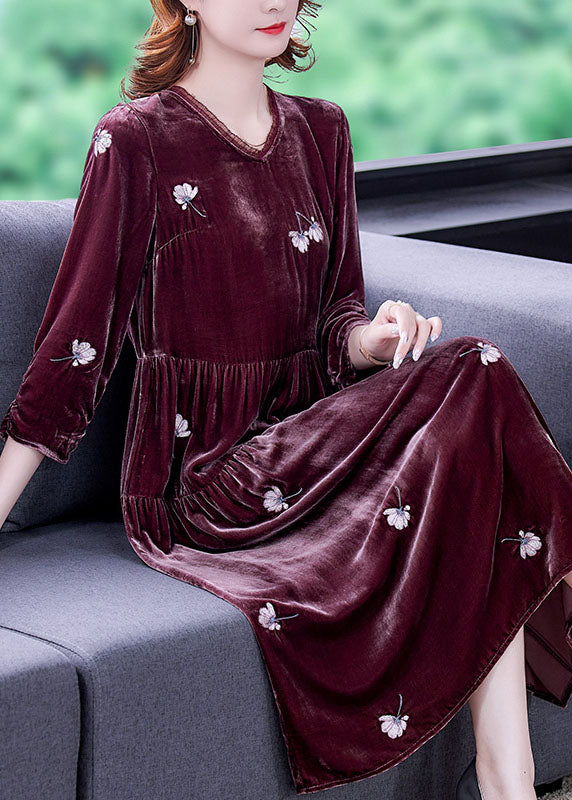 Stylish Bean paste red V Neck Embroidered Velour Dresses Spring