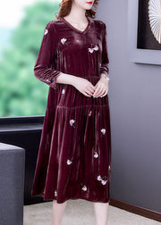 Stylish Bean paste red V Neck Embroidered Velour Dresses Spring