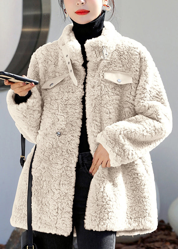 Stylish Beige Stand Collar Button Thick Faux Fur Coats Fall