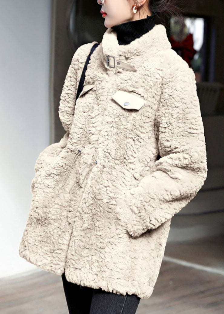 Stylish Beige Stand Collar Button Thick Faux Fur Coats Fall