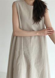 Stylish Beige Zip Up Patchwork Cotton Long Dress Sleeveless