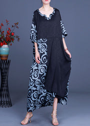 Stylish Black Asymmetrical Patchwork Print Holiday Dress Spring