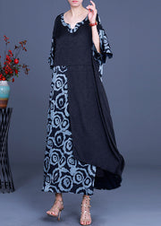 Stylish Black Asymmetrical Patchwork Print Holiday Dress Spring