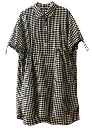 Stylish Black Beige Plaid Peter Pan Collar Drawstring Cotton Vacation Dresses Short Sleeve