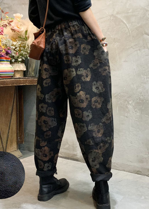 Stylish Black Cinched Floral Pockets denim Pants Winter