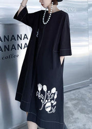 Stylish Black Embroideried Button Asymmetrical Design Fall Long sleeve Dresses - bagstylebliss