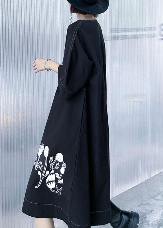 Stylish Black Embroideried Button Asymmetrical Design Fall Long sleeve Dresses - bagstylebliss
