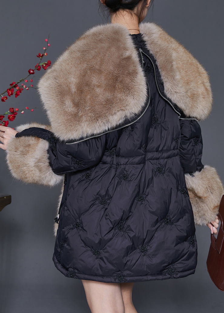Stylish Black Embroideried Drawstring Duck Down Puffer Jacket Winter